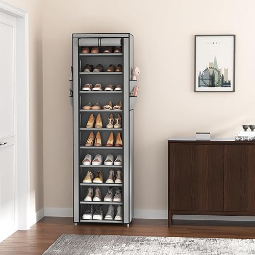 Miniatura 7 de VTRIN - Zapatero alto, organizador estrecho y vertical para armario o recibidor, 10 niveles, cubierta no tejida, contiene 20-22 pares de zapatos,