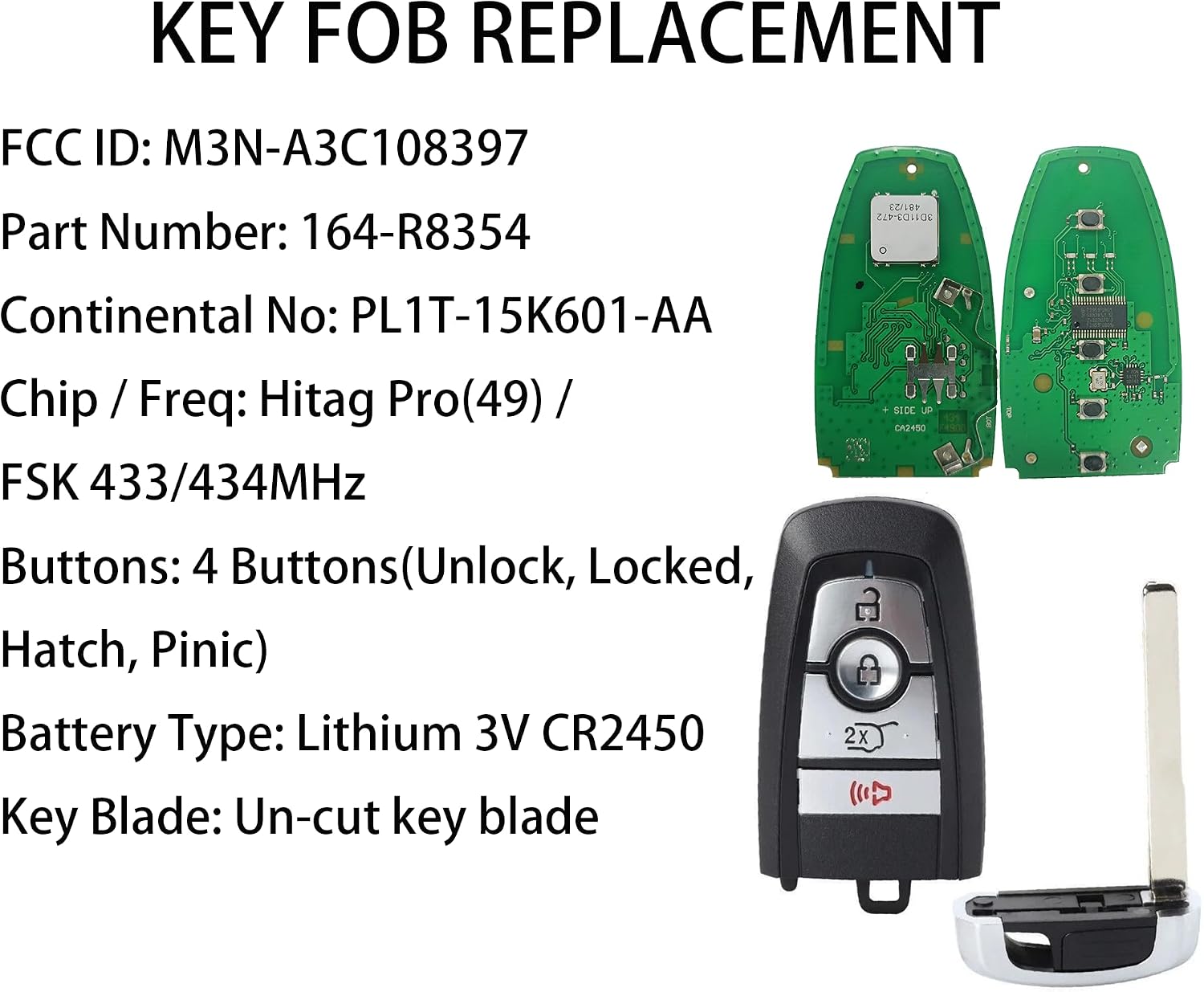 Smart Key Fob for Ford Expedition 2023-2024, Alliskeys 4-Buttons Keyless Entry Remote Control Key Fob Replacement for Ford Expedition Explorer 2023 2024 M3N-A3C108397 PL1T-15K601-AA 164-R8354