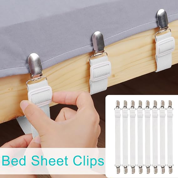 8Pcs Bed Sheet Clips(30cm-130cm), Adjustable Bed Sheet Straps, Elastic Sheet Straps Suspenders Clips for Bedding, Fitted Bed Sheet Grippers to Keep Your Sheets in Place(White)