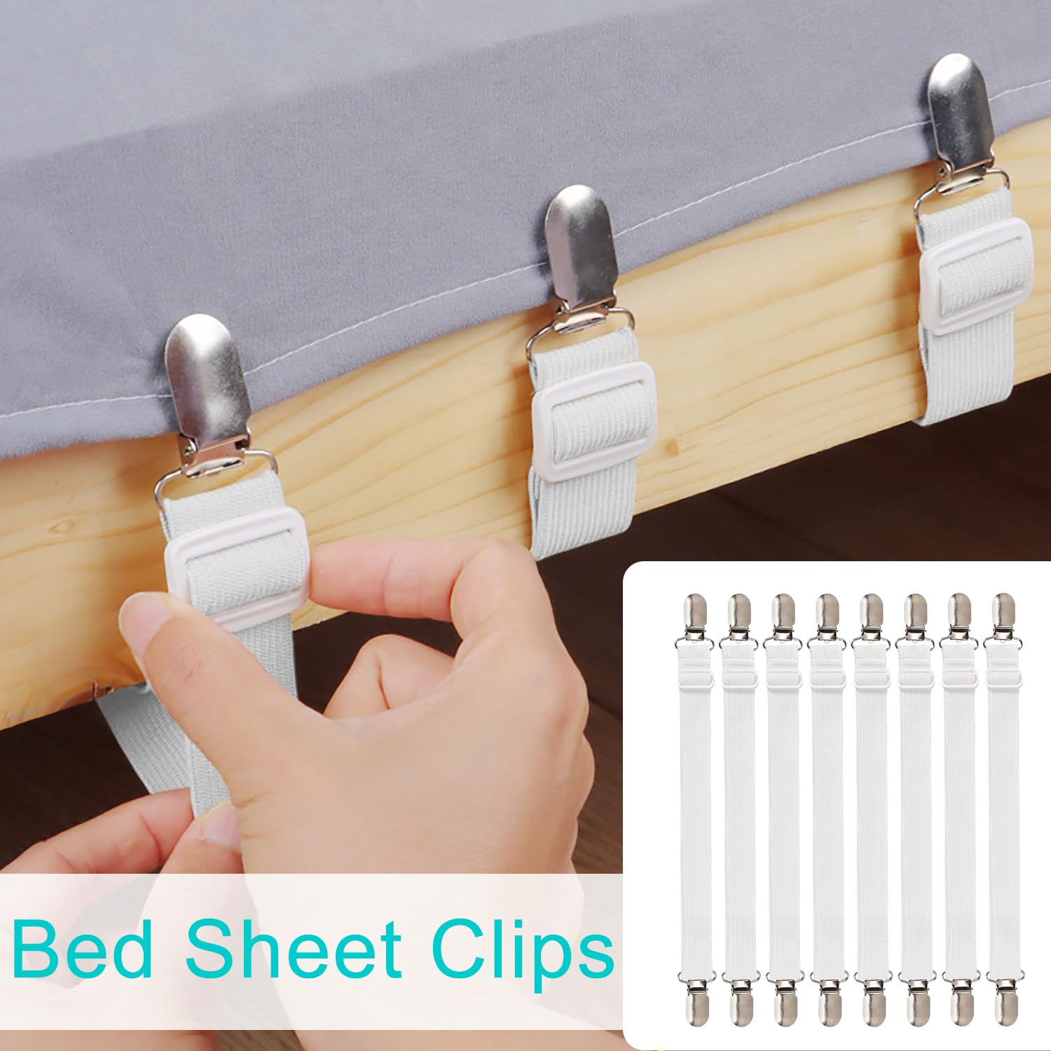 iCovalescent 8 Pezzi Elastici per Lenzuola(30cm-130cm), Clip Lenzuola Bretelle Regolabili Elastici per Materasso, ASSE da Stiro O Divano ECC(Bianco)