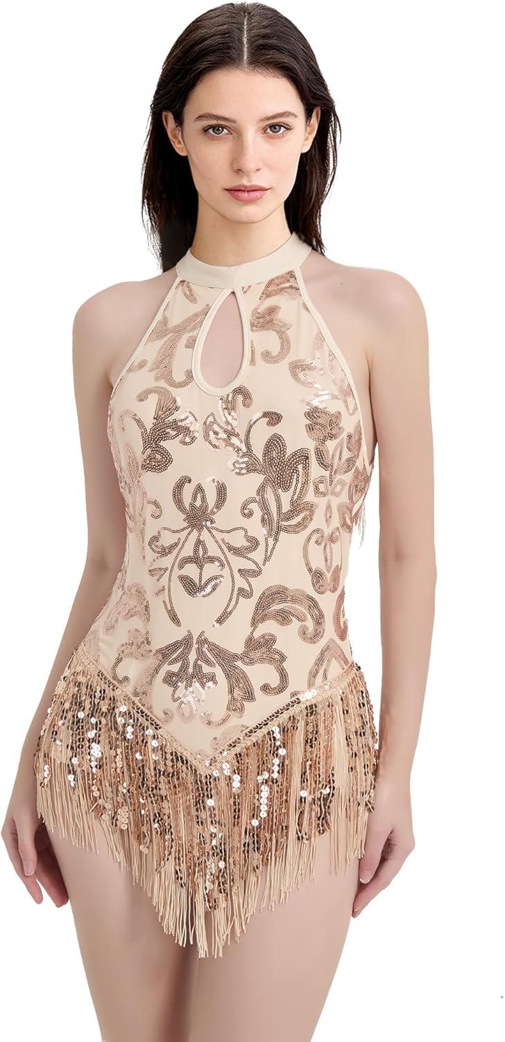 Womens High Neck Sexy Sequin Fringe Bodysuit Sparkly Latin Jazz Acrobat Show Dance Costume Music Festival Rave Outfits