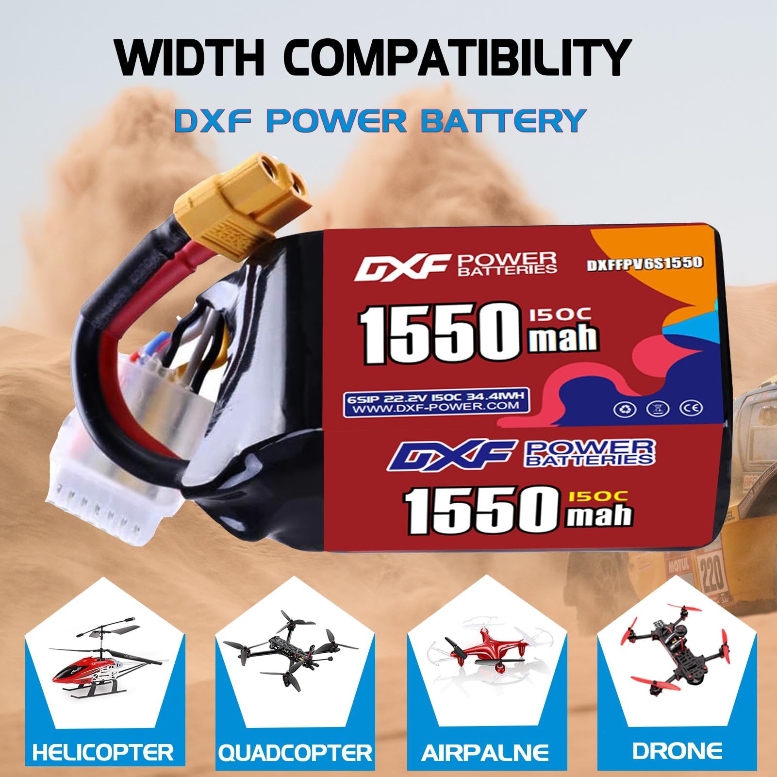 DXF 6S 1550 mAh Lipo Akku 22,2 V 150 C mit XT60 Stecker RC Graphen Akku für FPV-Drohne Quadcopter Hubschrauber Flugzeug RC Boot Autorennen Modelle (2 Stück)