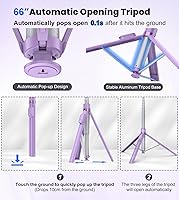 Vista 26 de TONEOF Trípode selfie stick de 60 pulgadas para video, soporte extensible todo en 1 para teléfono celular con control remoto integrado, trípode