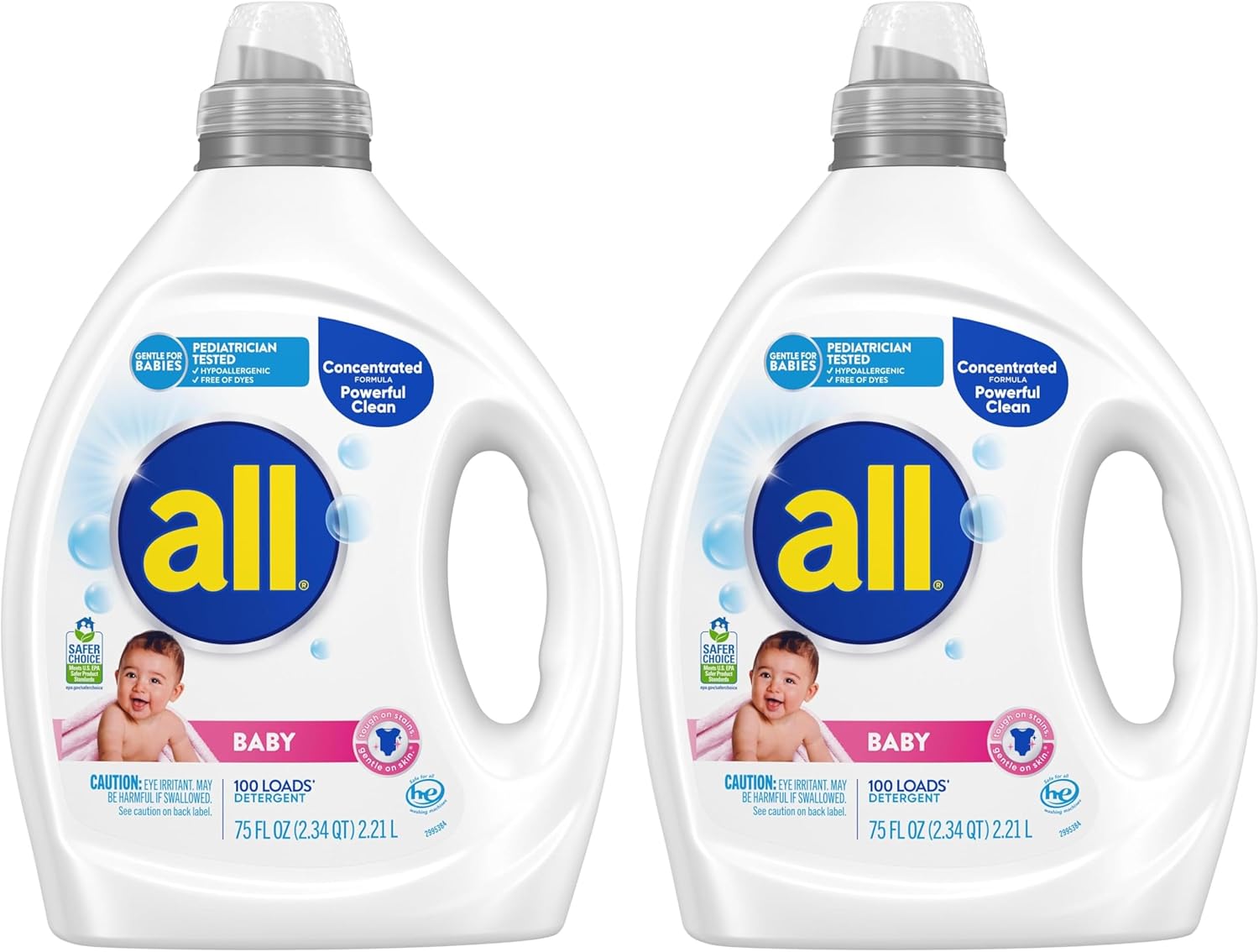 all Baby,Gentle for Baby,Liquid Laundry Detergent,Hypoallergenic for Sensitive Skin,Concentrated,75oz,100 Loads,(Pack of 2)