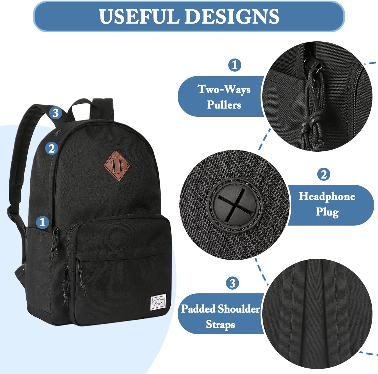 Kasqo School Backpack, Classic Lightweight Water-Resistant 17.8L Bookbag Daypack for Men Women Teens Girls Boys College, Travel, Work, Black - Image 5