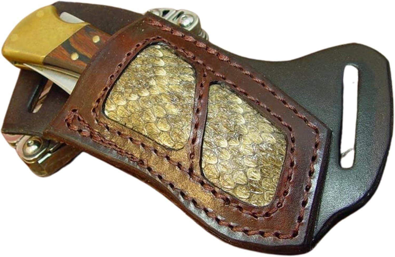 Buck 110 Rattlesnake Right-hand Cross Draw Knife Sheath. The Sheath Is Made Out of 10 Ounce Water Buffalo Leather and a Rattlesnake Insert. It is Made to Wear on Your Left-Side and Drawn with Your Right Hand the Sheath Is Dyed Dark Brown. Sheath Only the Knife Is NOT Included.