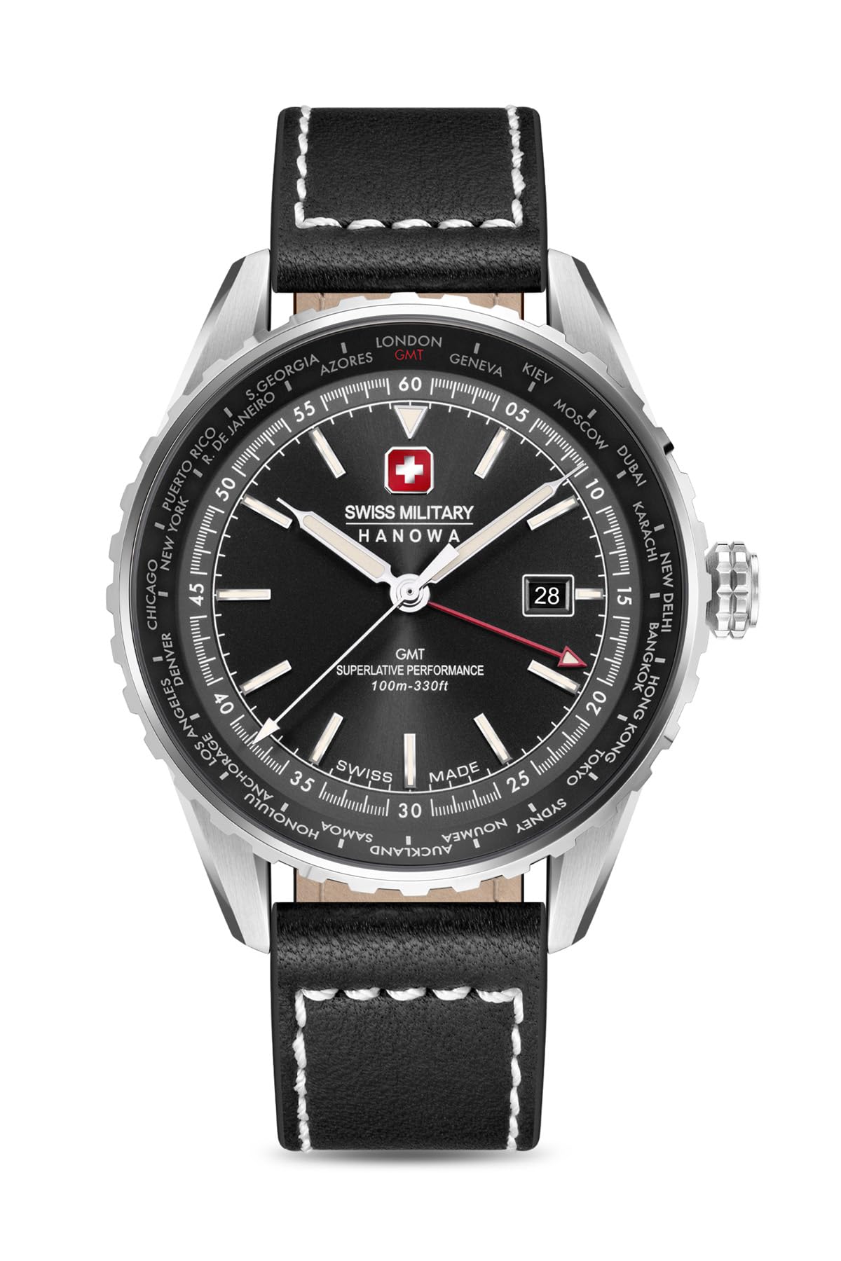 Swiss Military Hanowa Afterburn GMT Herrenuhr mit Lederarmband oder Metallband mit Datum und Saphirglas