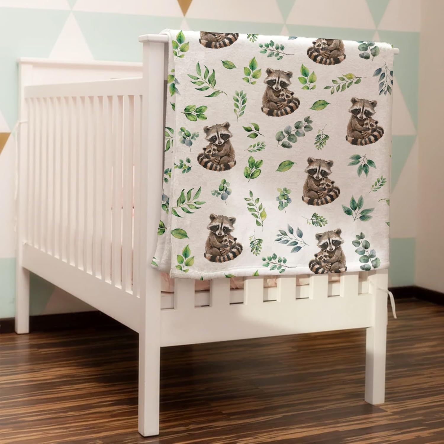 Cute Raccoon Green Leaves Baby Blanket for Girl Boy Mother Baby Raccoon Flannel Swaddle Blankets Animals Boho Retro Leaves Soft Receiving Blanket Newborn Toddler Nursery Crib Bed Blankets 40x50