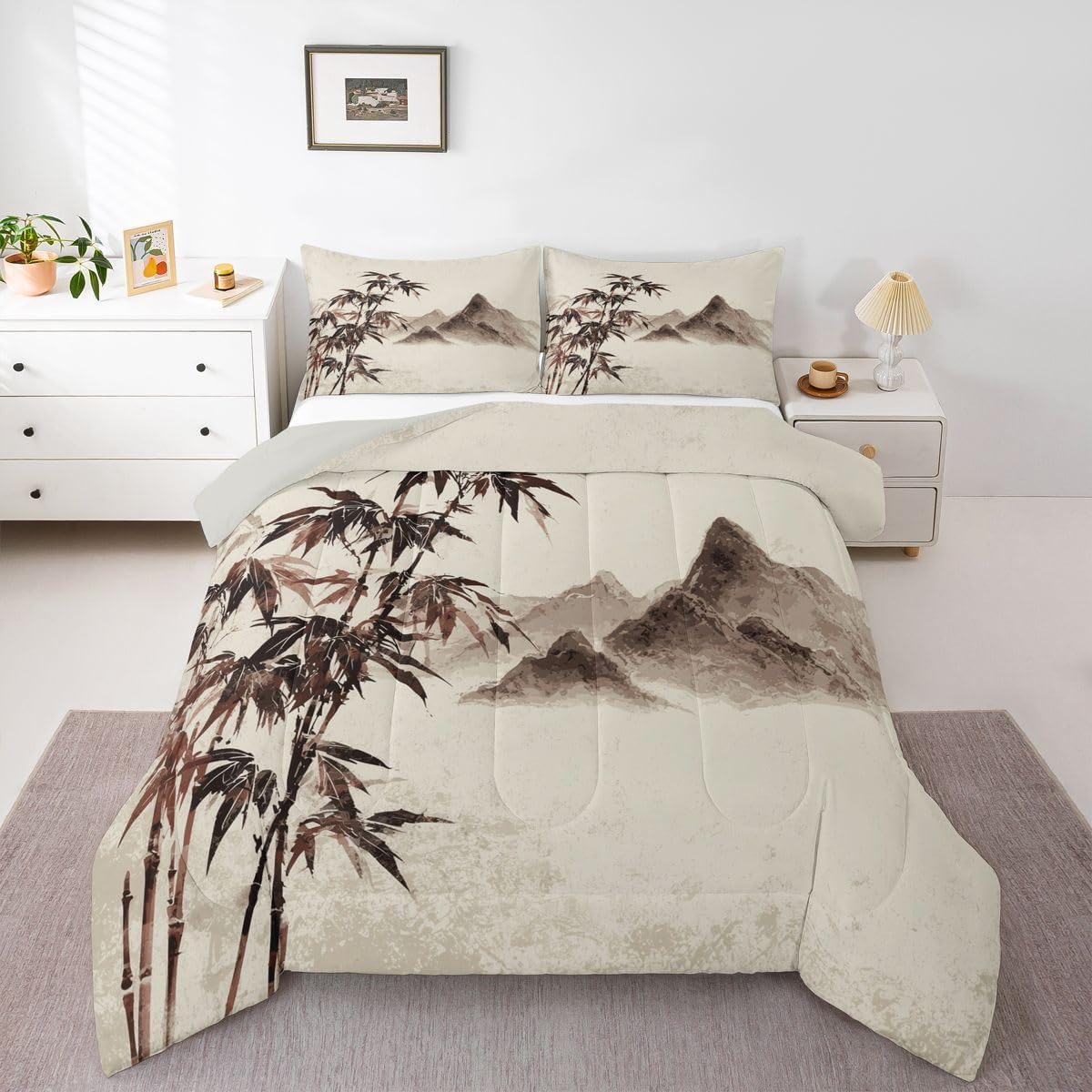 Erosebridal Exotic Oriental Bedding King Japanese-Style Comforter Set, Mount Fuji Duvet Insert Ink Painting Down Comforter, Botanical Plants Bamboo Bedding Comforter Sets Vintage Room Decor 3pcs