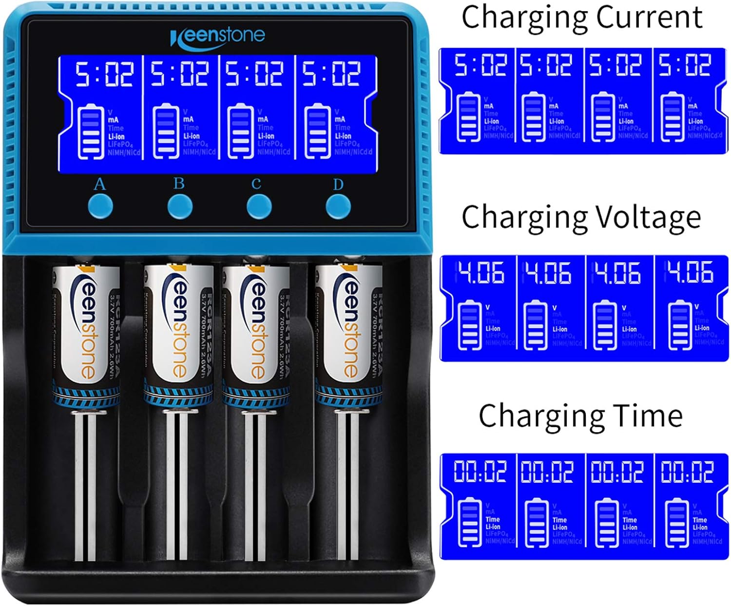 18650 Battery Charger, Keenstone Smart Universal Charger LCD Display for Rechargeable Batteries Ni-MH Ni-Cd AA AAA Li-ion LiFePO4 IMR 10440 14500 16340 RCR123A 26650 : Electronics
