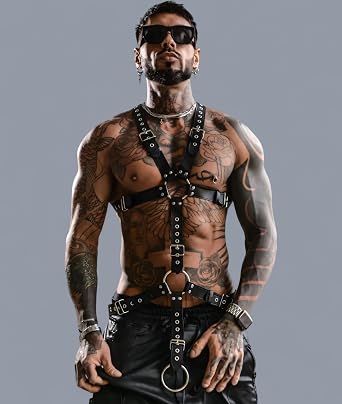New Dreams Erkek Deri Göğüs Harness, Siyah, Metal Tokalı, Ayarlanabilir Kayışlar, Punk Tarzı, Parti ve Kostüm Kullanımı