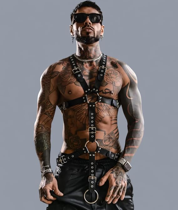 New Dreams Erkek Deri Göğüs Harness, Siyah, Metal Tokalı, Ayarlanabilir Kayışlar, Punk Tarzı, Parti ve Kostüm Kullanımı