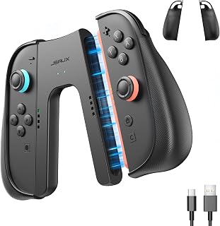 JSAUX Non-Slip Ergonomic Charging Grip for Nintendo Switch 2, Magnetic Grip Controller Compatible with Switch 2 JoyPads, Play While Charging with LED Indicator & 1.5m/4.9ft Charger Cable–Black