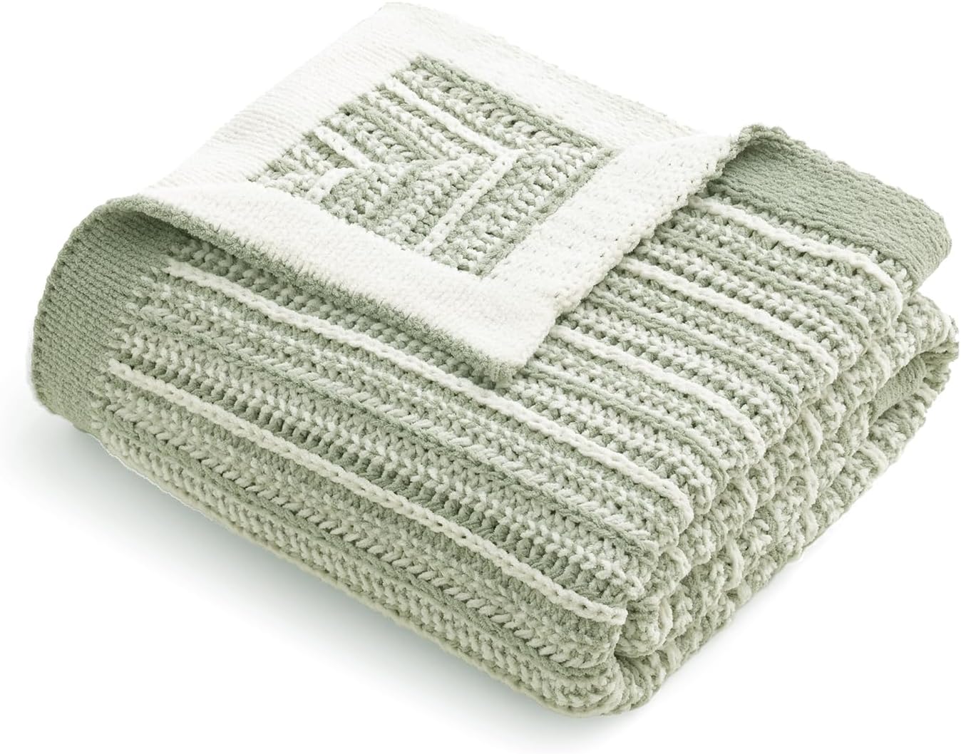 Amélie Home Striped Knit Throw Blanket for Couch, Dual-Sided Soft Chenille Decorative Blankets for Sofa & Chair, 50"x60", Sage Green & White - Image 2