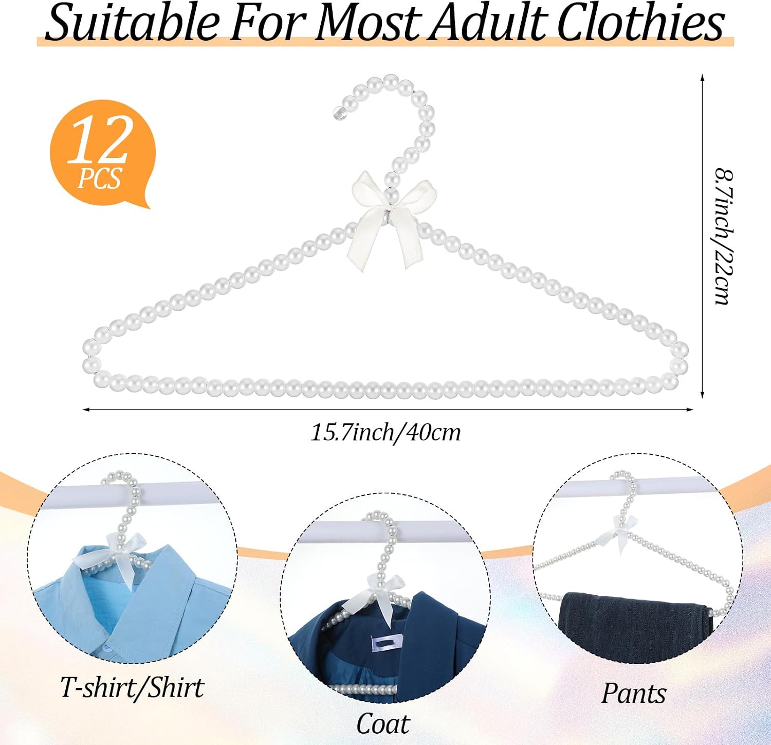 12 PCS Pearl Hangers, 15.5 Inch Pearl Beaded Clothes Hangers with Ribbon Bowknot Elegant Wedding Dress Hanger Metal White Pearls Clothes Hanger for Women Bride Wedding Dress Coat Shirt