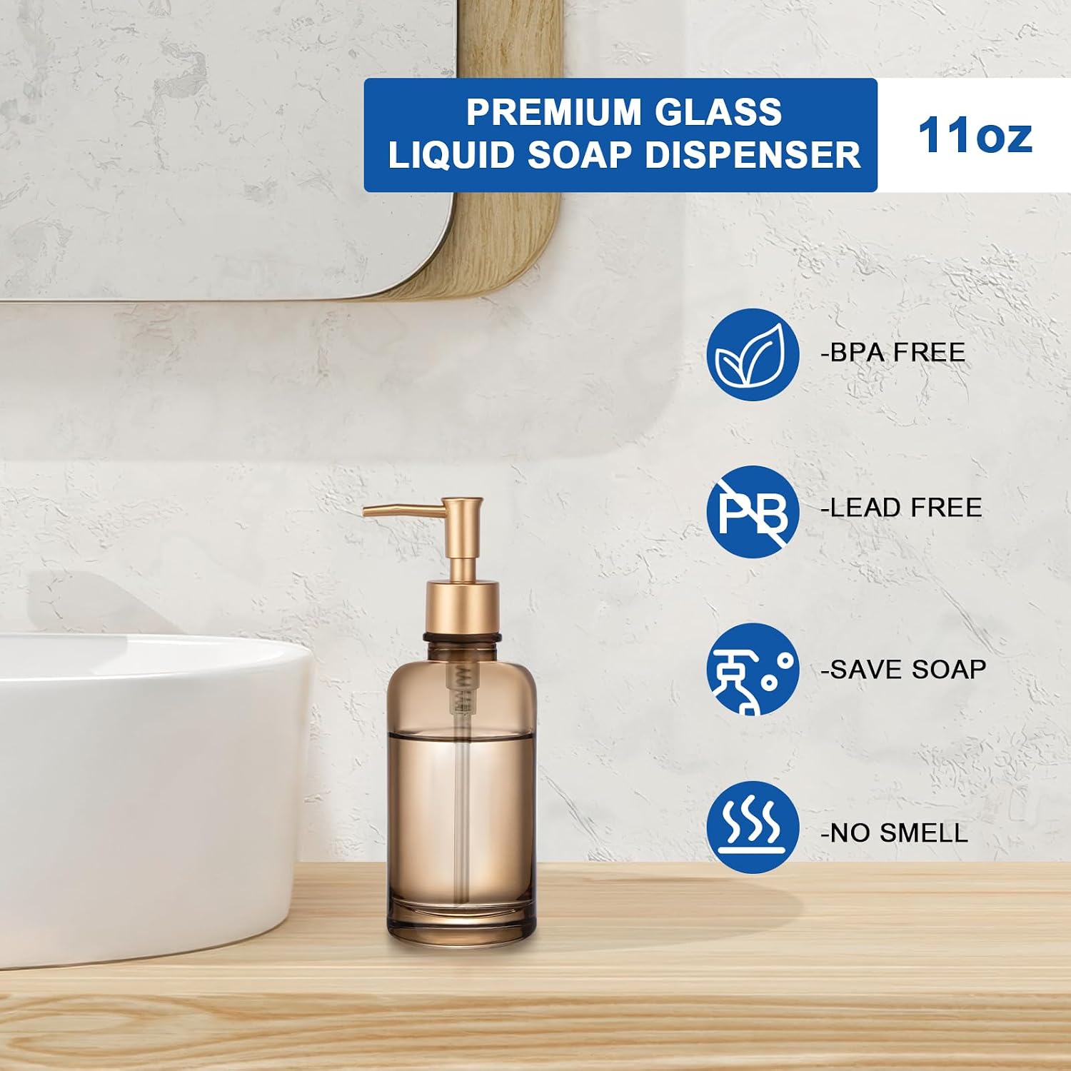 Glass Liquid Soap Dispenser Bathroom, 11oz Kitchen Reusable Soap Dispenser with Rust-Proof Plastic Pump, Modern Refillable Liquid Soap