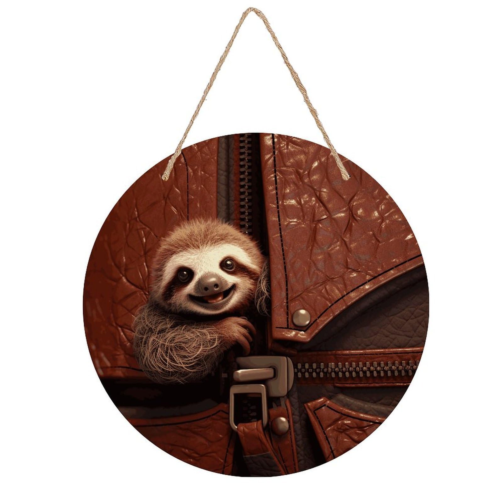 Adfgyerh Style Sloth On Zipper Room Decor，Round Wooden Board Painting，Wall Art，Easy To Hang，Wall Decor ，Suitable For Homes, Offices, Holidays, Bars, Cafes, And Other Venues.