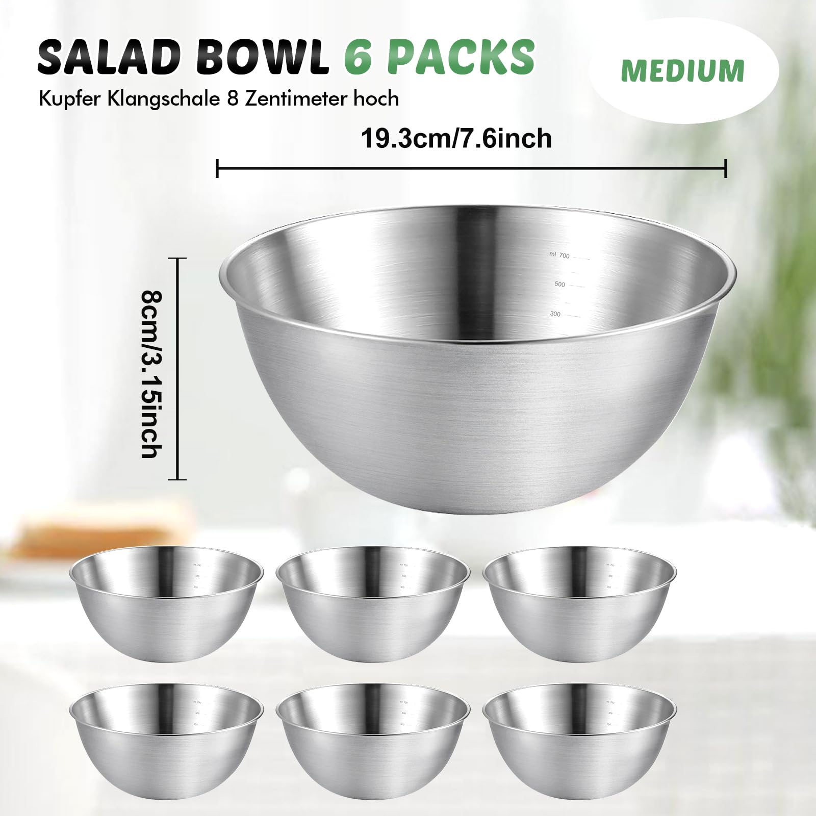 Set Di 6 Ciotole in Acciaio Inox, Ciotola Insalatiera, Ciotole Acciaio Inox con Misurazione, Lavabili in Lavastoviglie, Impilabili, per Ciotola di Cereali, Salse, Snack, Mescolare (1.2L, Ø 19.3 cm)
