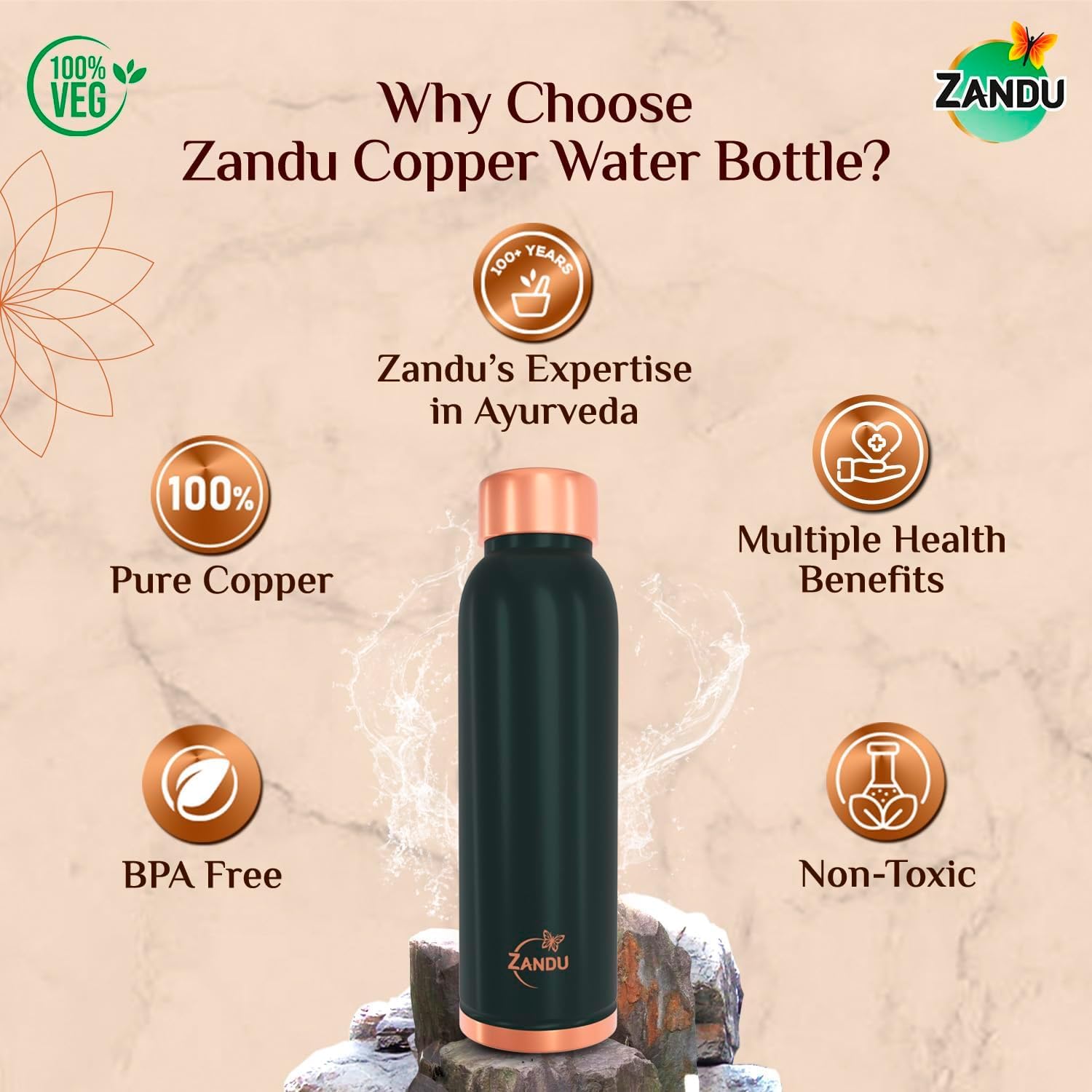Zandu Copper Bottle (Green): Prepared with 100% Pure Copper | Useful in Promoting Overall Health (Pack of 950 ml)