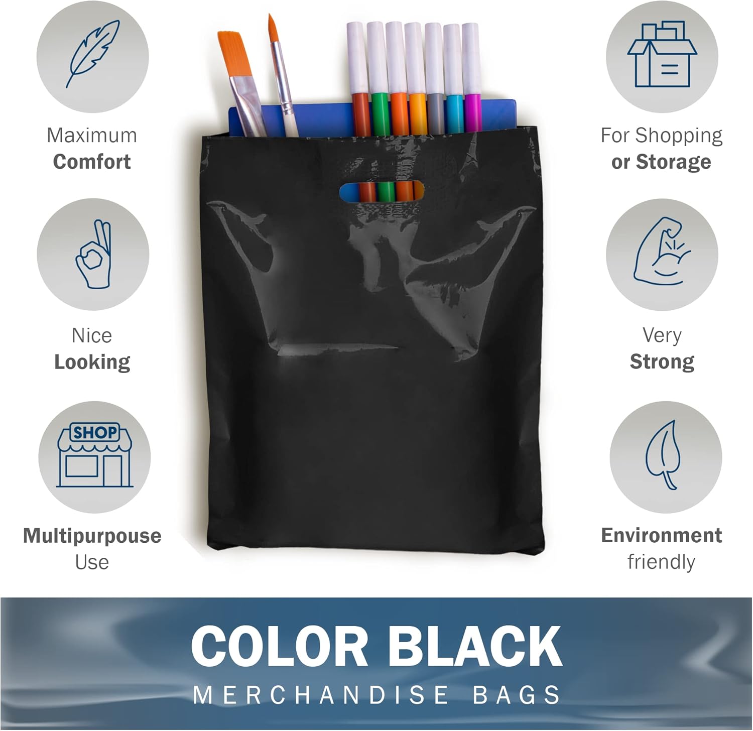 9x12 Black Plastic Merchandise Bags, Glossy Finish, Small Retail Size, 200 Pack, 1.5 Mil Thick, with Die-Cut Handles by PPB