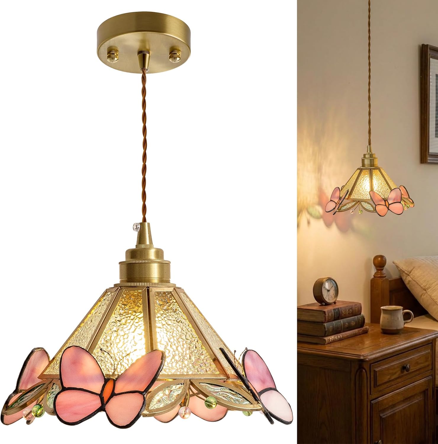 MODIVO Tiffany Stained Glass Butterfly Pendant Light, Small Vintage Chandelier Light Fixture, 8.7" Hanging Lighting Fixtures for Kitchen Island, Dining Room, Living Room, Bedroom, Cafe