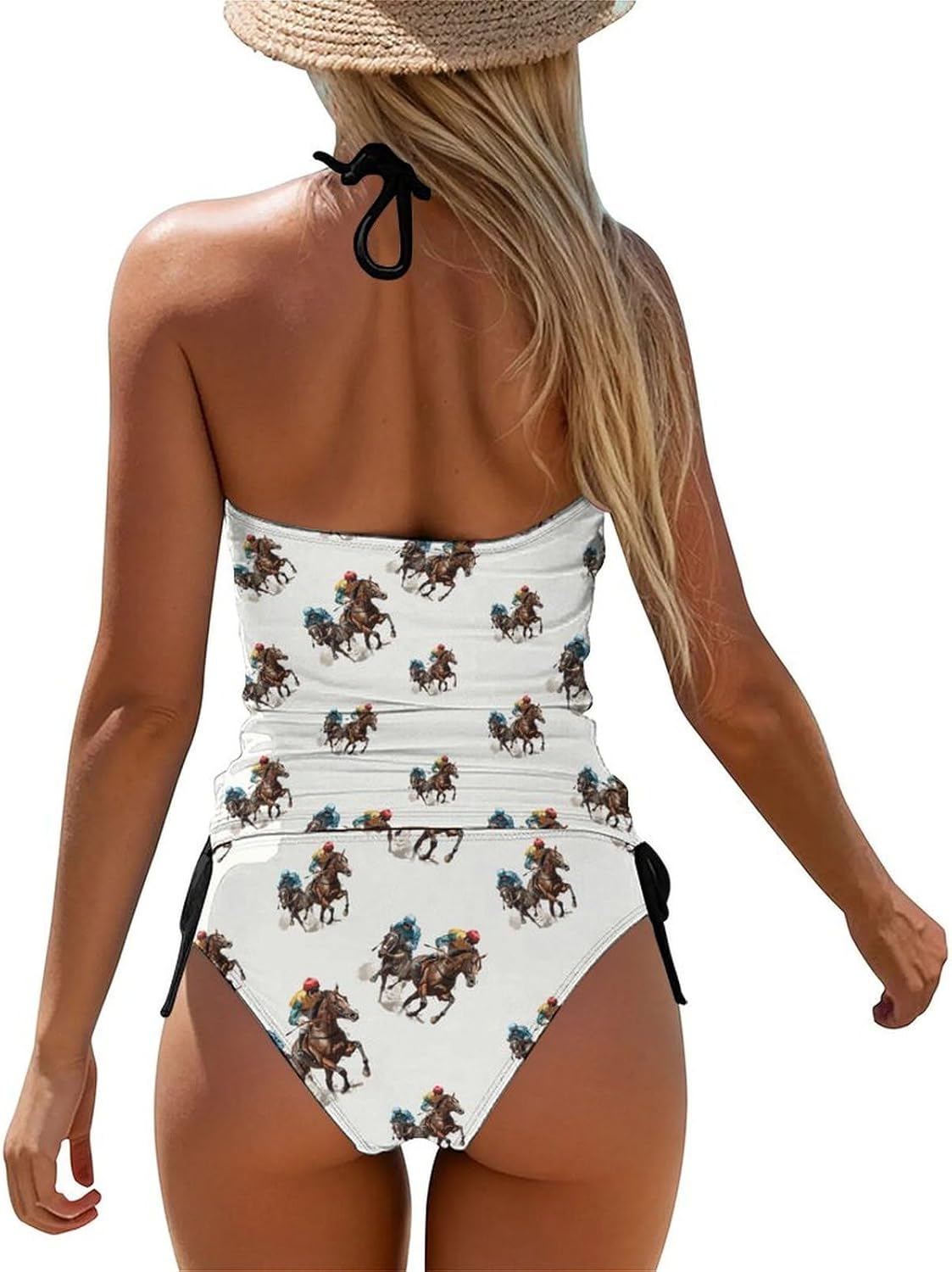 Jockeys Racing Horses Women's Tankini Swimsuit Two Piece Tummy Control Bathing Suits Tie String Swimwear
