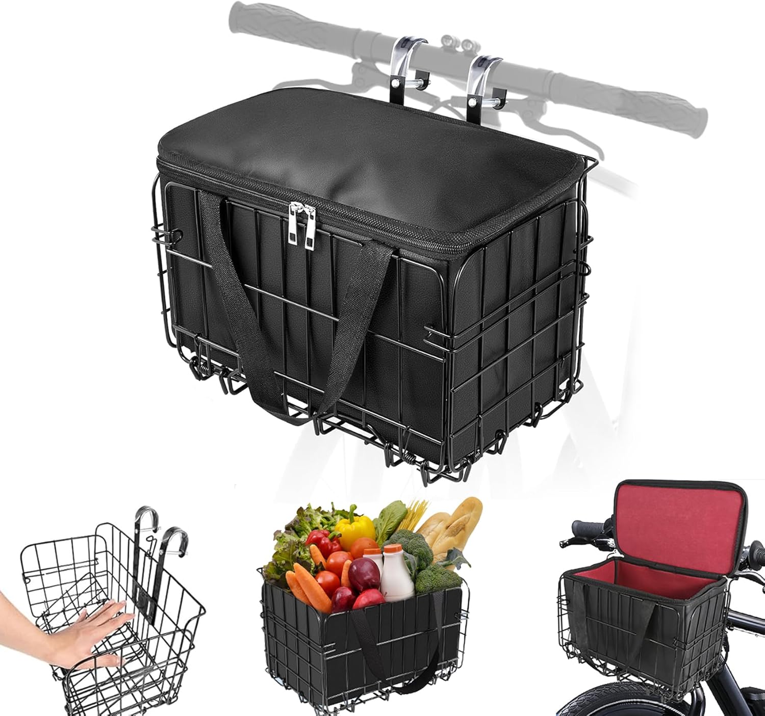 Riian Bike Basket Front/Rear, Thickened Shockproof Foldable Bicycle Basket with Waterproof Bag, Quick Release Design, Metal Bicycle Frame Basket for Adult Women Men