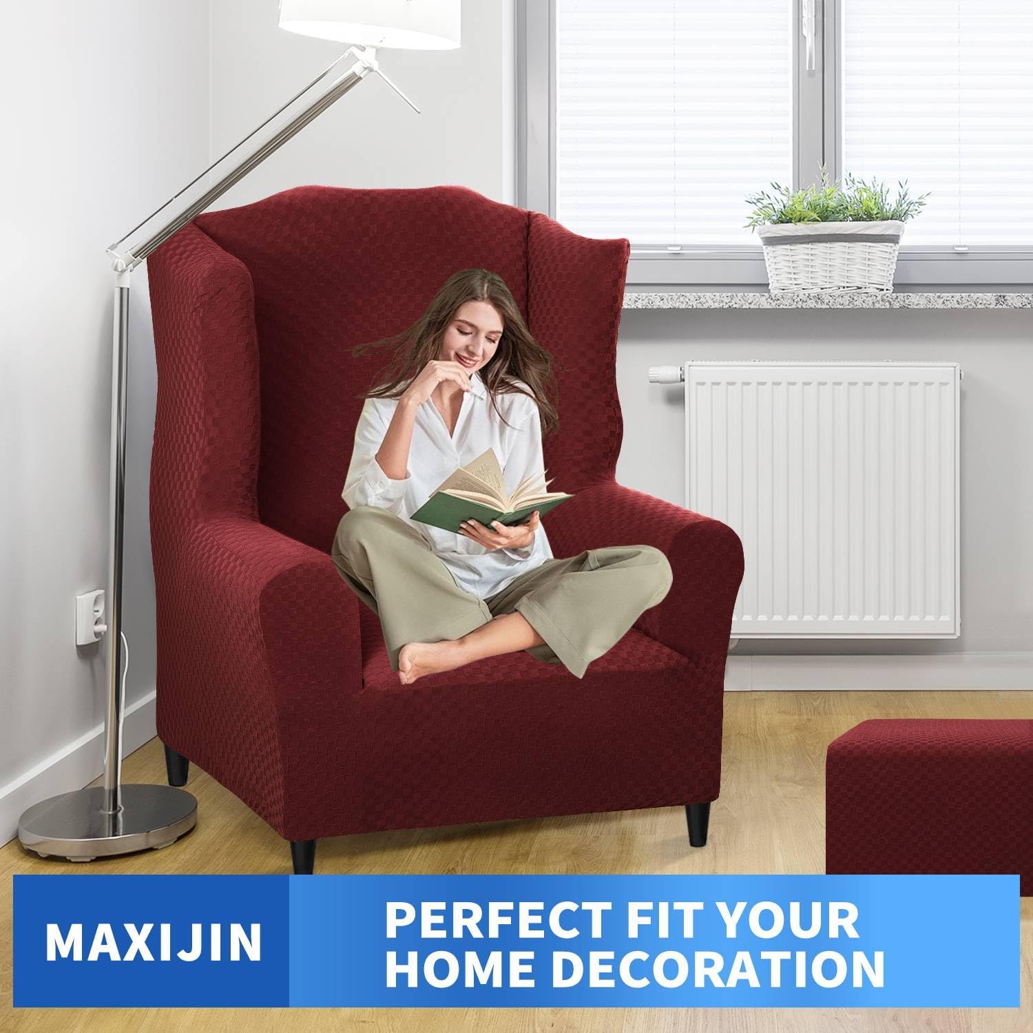 MAXIJIN Wingback Chair Covers 1-Piece Stretch Wing Chair Covers Soft Thick Wingback Armchair Slipcover Non-Slip High Back Chair Furniture Protector Washable (Wing Chair, Wine Red)