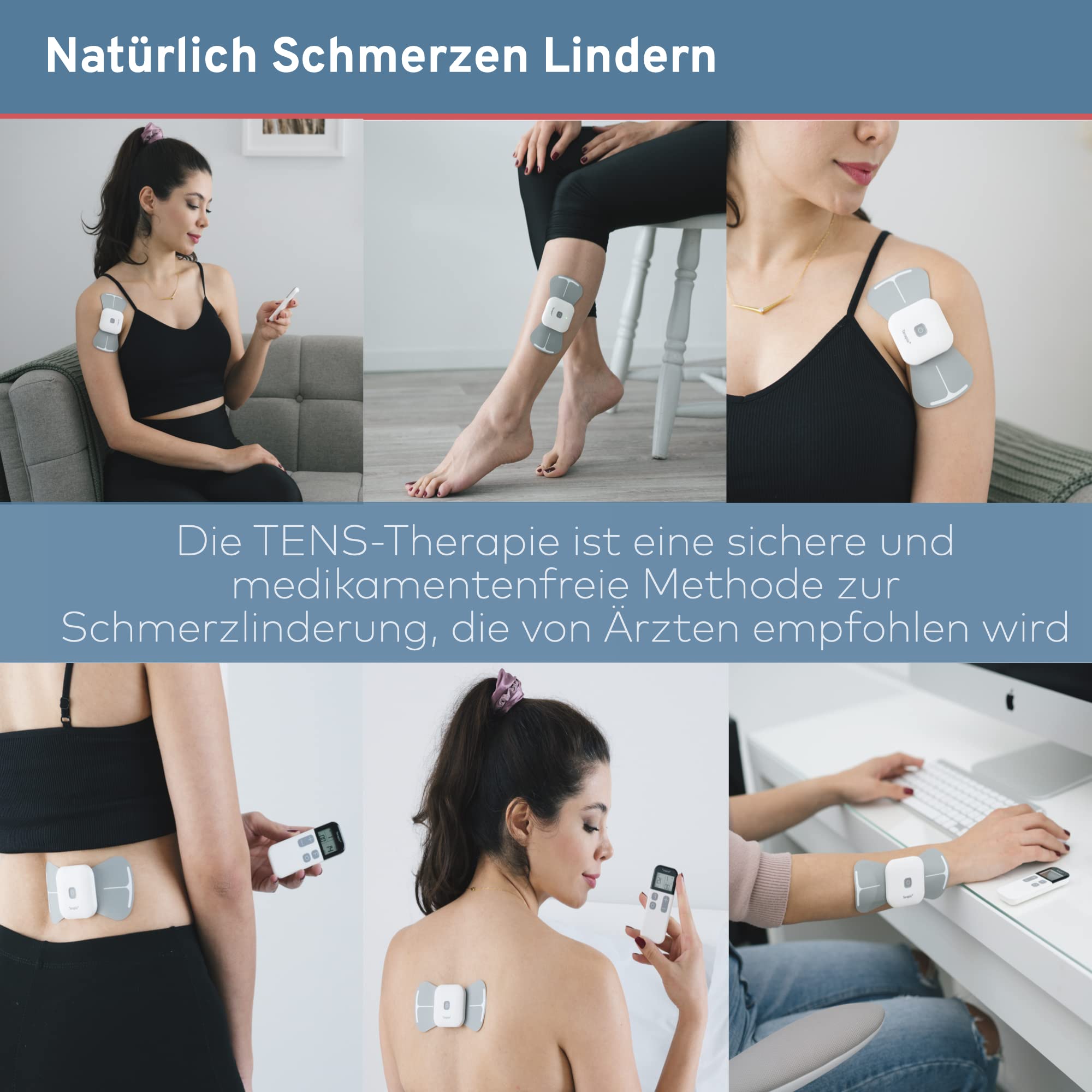 Kabelloses TENS Gerät zur Natürlichen Schmerztherapie. Tragbares TENS-Gerät & Muskelstimulator mit Fernbedienung. Wiederaufladbar, 15 Modi für Rücken, Nacken, Arm, Knie & Schmerzbehandlung