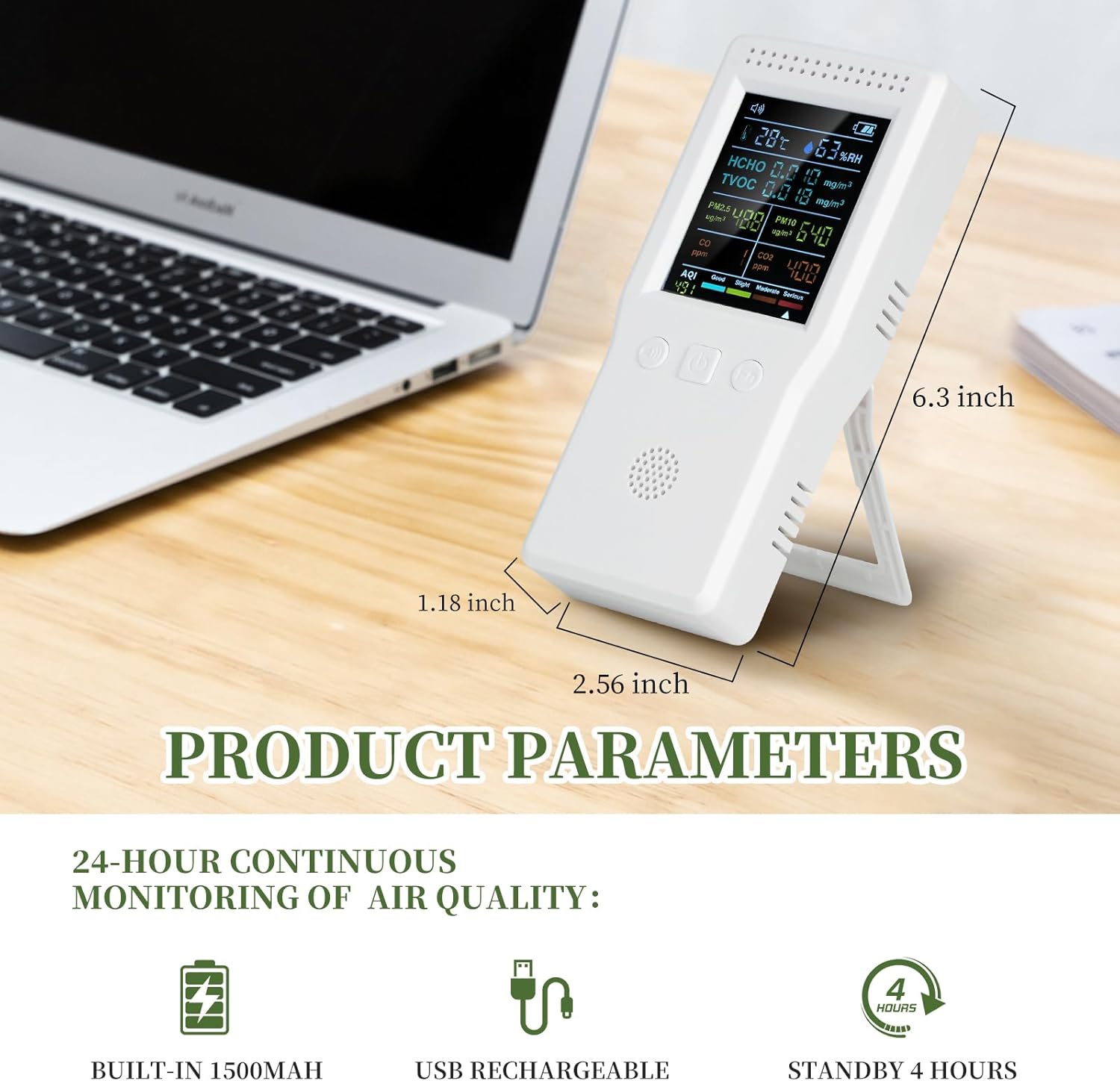 TROMAR Air Quality Monitor showing its clear screen display