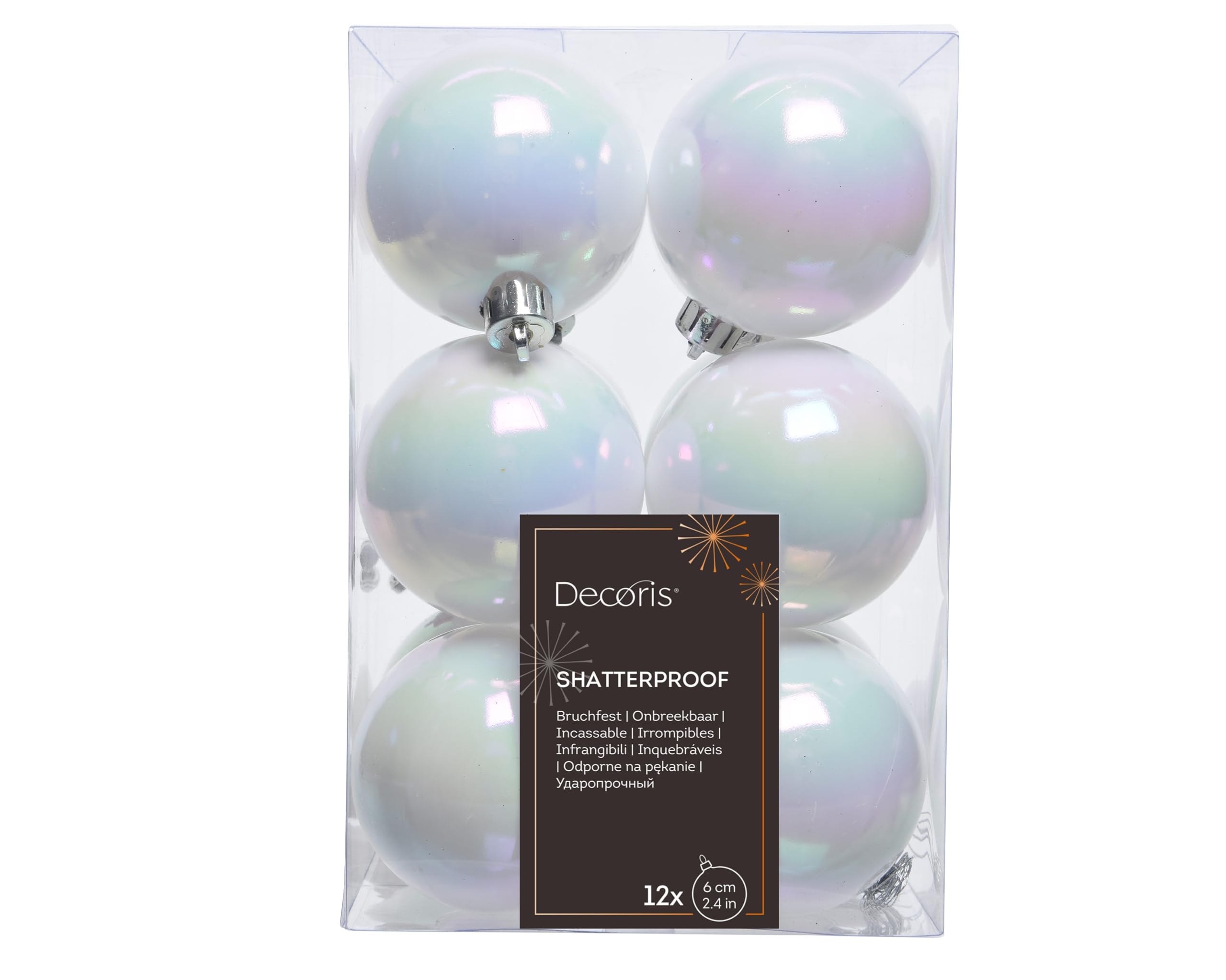Decoris 12 Iridescent Christmas Baubles Shatterproof Tree Decor 6Cm Iris White