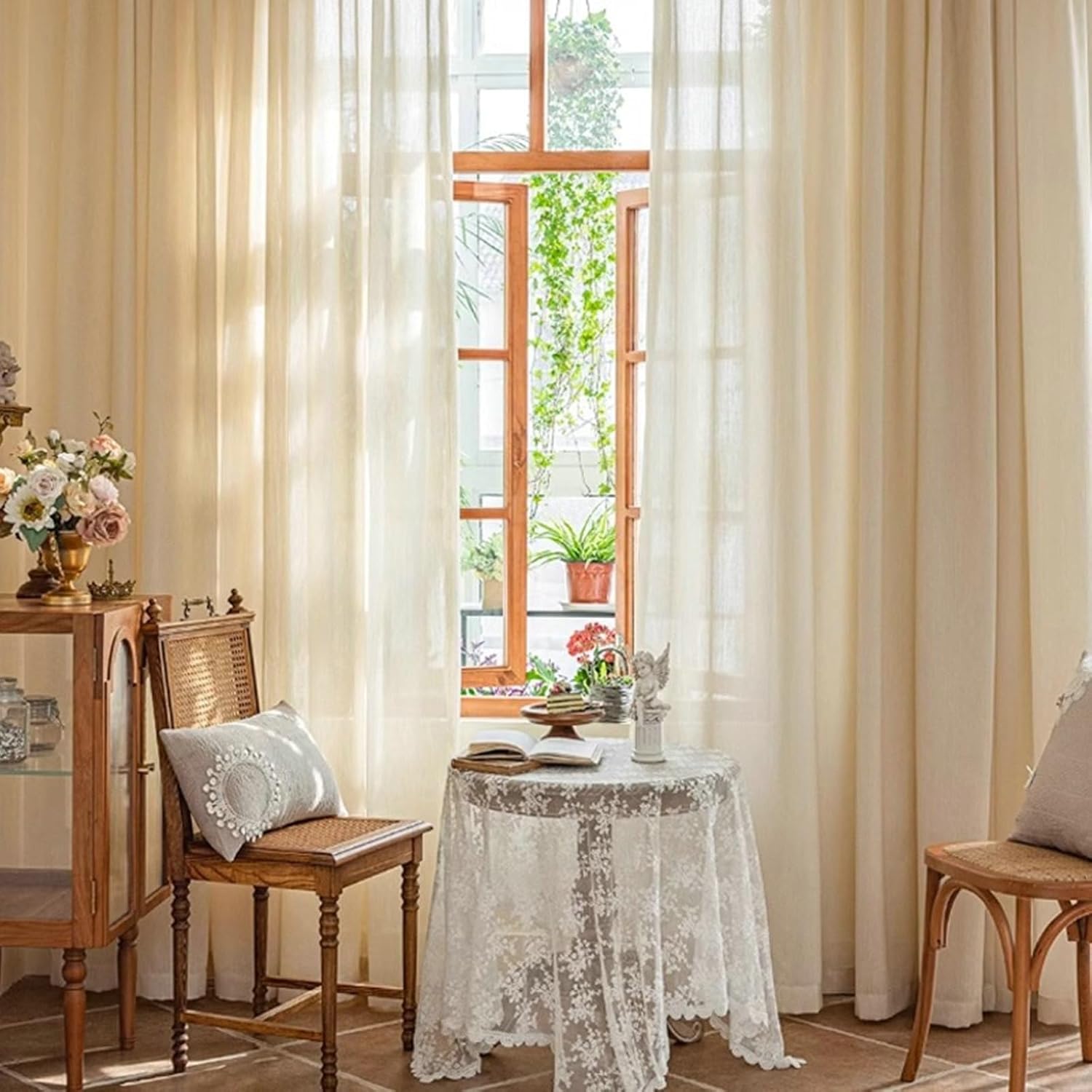 Semi Sheer Curtains for Living Room 2 Panels Set 72 inch Long, Semi Transparent Curtains Eyelets Solid Color Jacquard Embossed Leaves Window Treatments Cream Yellow, 42 x 72 Inch