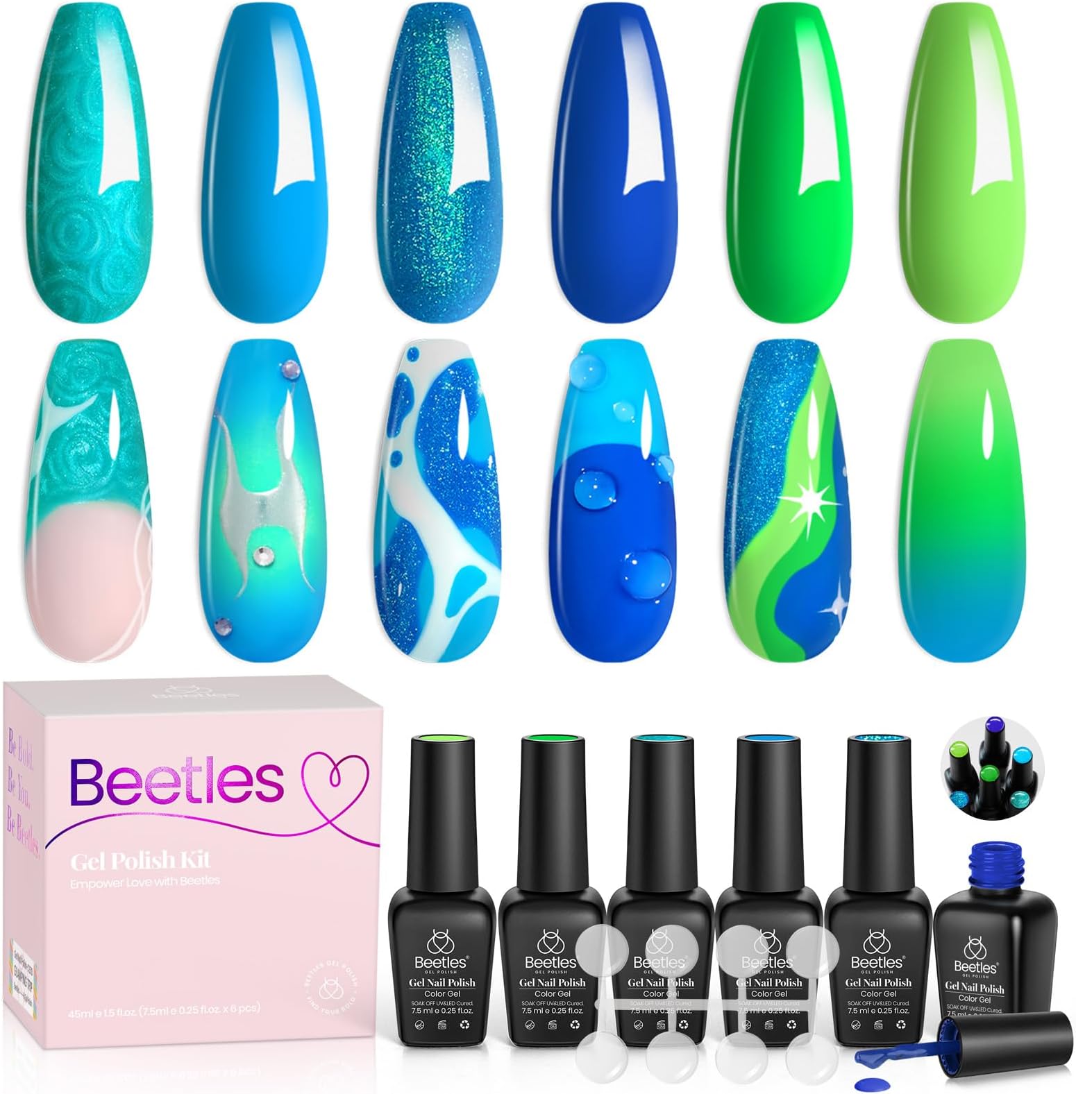 Beetles Blue Gel Nail Polish, 6 Colors Neon Green Pacific Blue Glitter Blue Gel