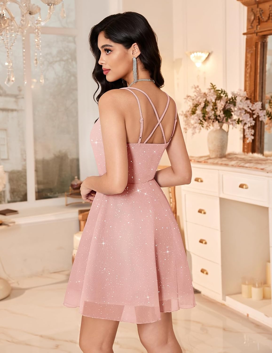 Meetjen Sparkly Sequin Prom Dress for Women Teen Formal Homecoming Spaghetti Straps Tulle Short Cocktail Dresses - Image 2