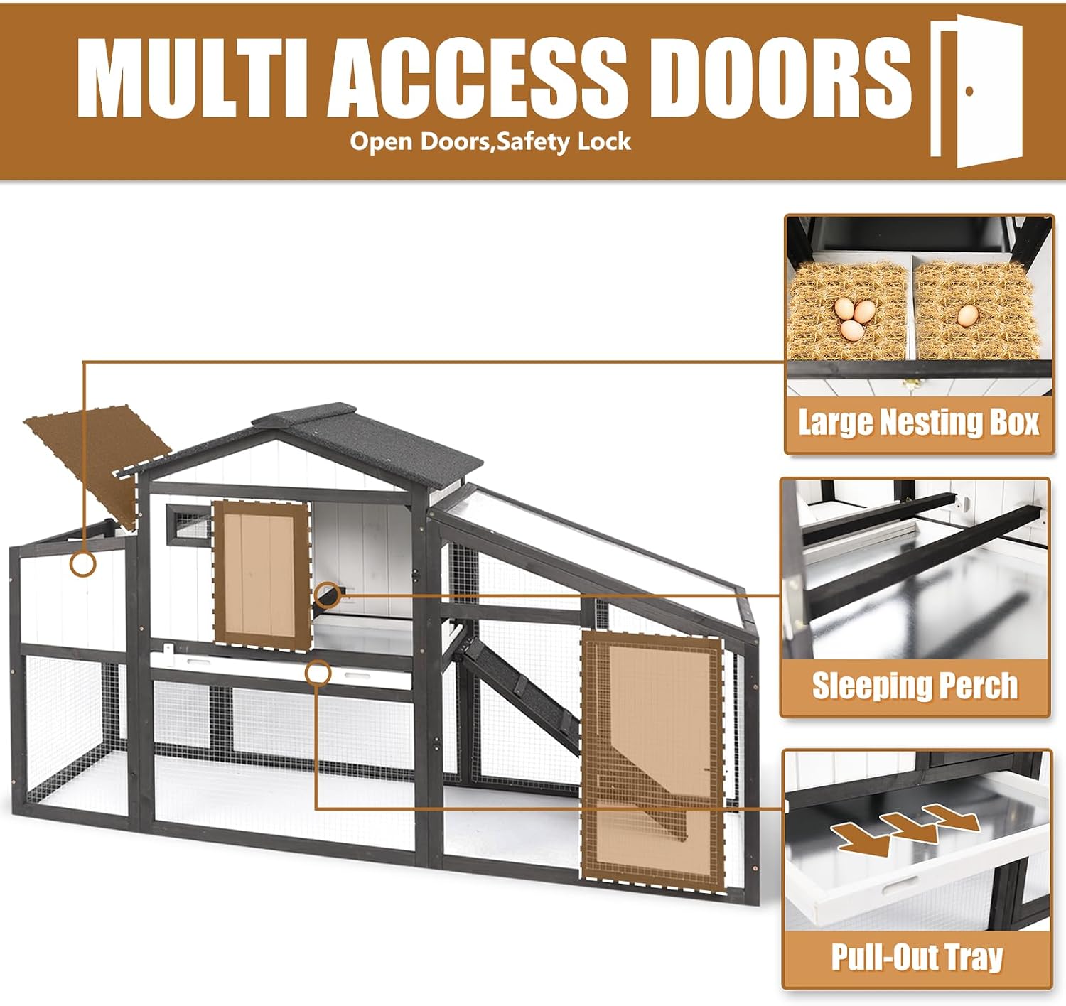 130" Large Chicken Coop with Run, 2-Story Wooden Hen House with Weatherproof Roof & Nesting Box, Outdoor Poultry Cage for 4-8 Chickens, Ducks & Rabbits with Removable Tray & Ramp