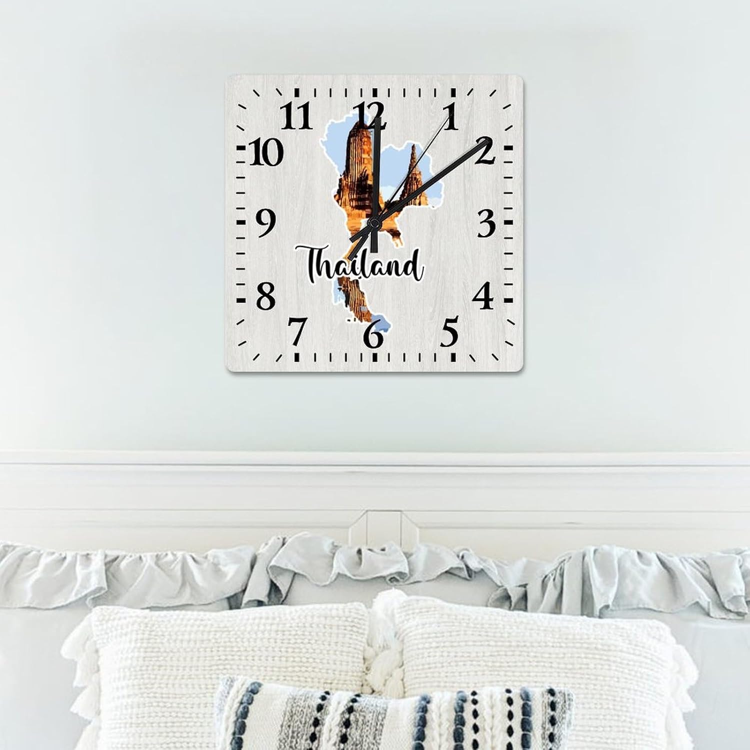 Thailand World Landmark Building Wall Clock Thailand Map Wooden Wall Clocks Battery Operated 15 Inch Non-Ticking Retro Cabin Wall Decor for Kitchen Bedroom Living Room Office