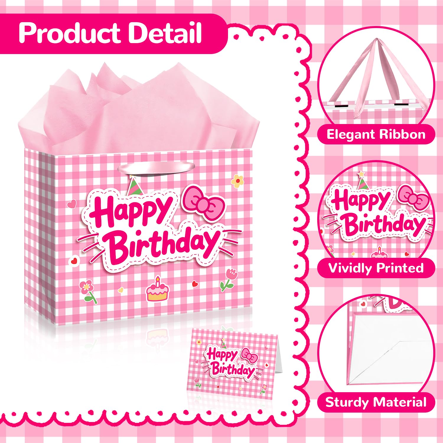 TQQBUU 12" Pink Birthday Gift Bags for Girls, with Cute Greeting Card and Tissue Paper for Party, Cat Party Favor Bag Cartoon Bag for Kids Baby Shower Party Favors Supplies, 11.8"×9.4"×5.3" - 1Pcs