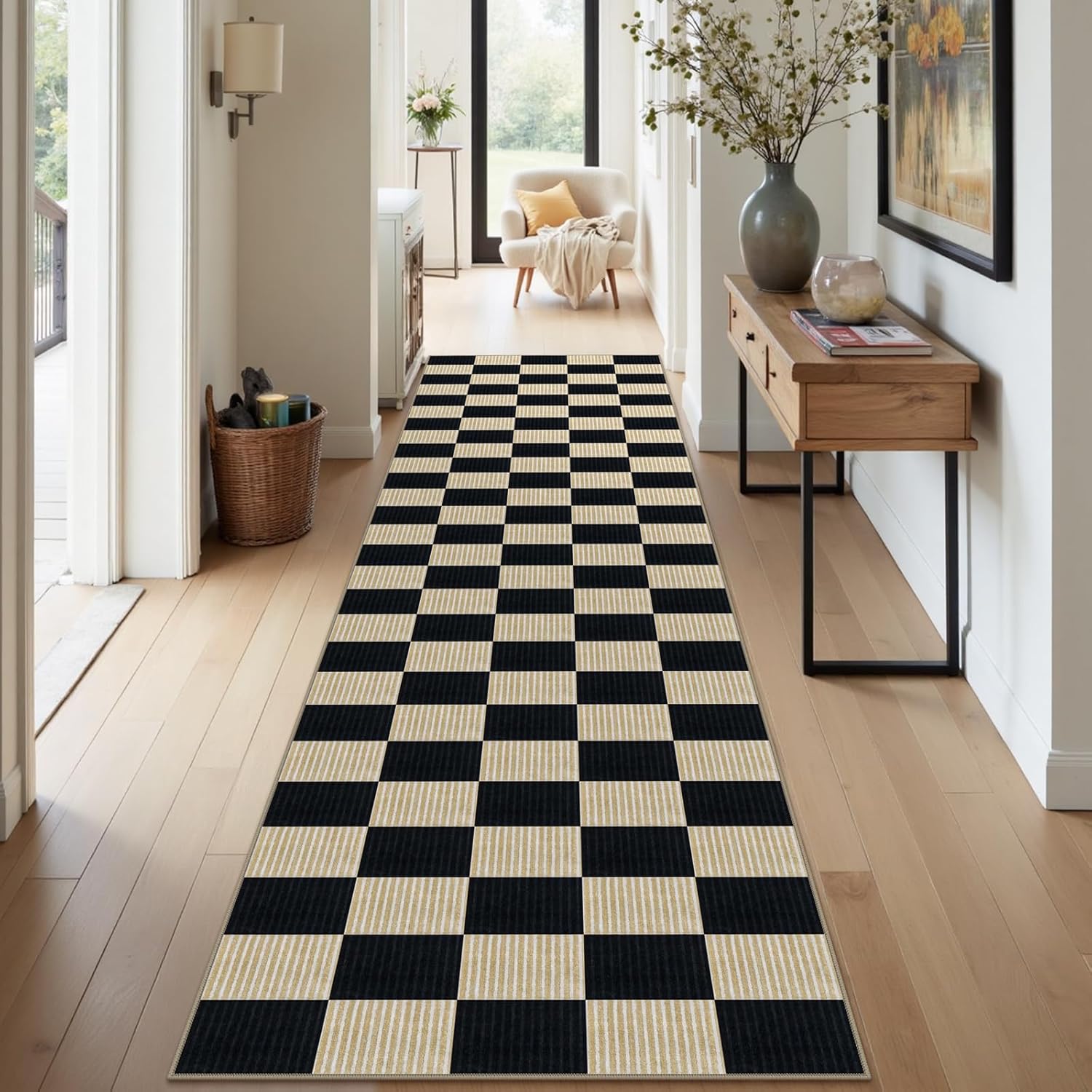 Black and Beige Checkered Runner Rug, 2.6x8 Washable Rug Runners for Hallways Non-Slip, Ultra Soft Low Pile Modern Kitchen Runner Rug Farmhouse Throw Carpet for Bathroom Entryway Porch