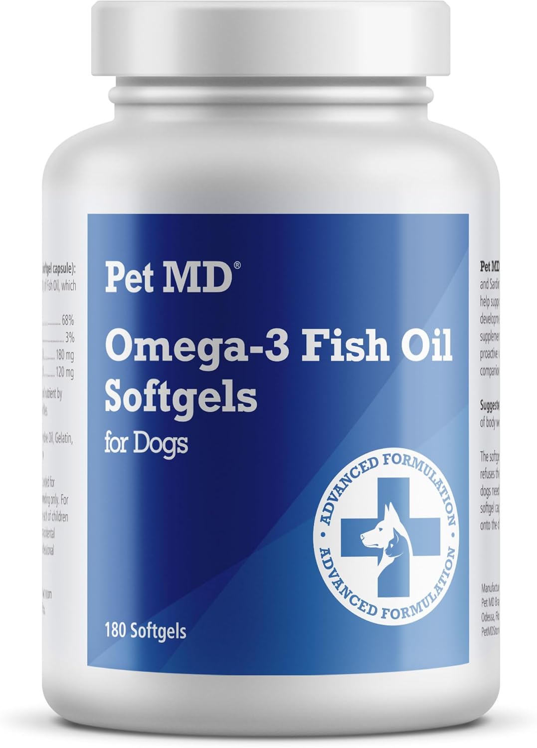 Pet MD – Omega 3 Fish Oil Supplement for Dogs – Skin and Coat Support for Dogs – 180 Softgels