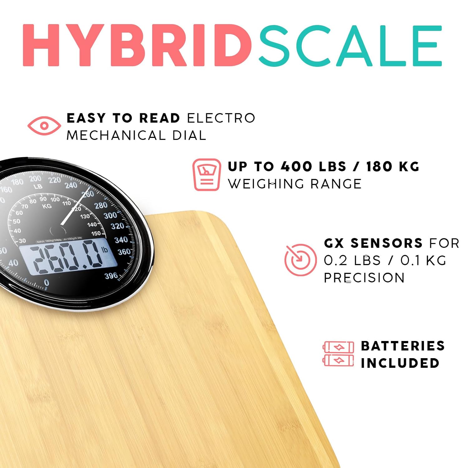 Adamson Hybrid 2-in-1 Analog & Digital Weighing Scale for Body Weight up to 400lbs - Thick Tempered Glass - Extra Large Display - Easy to Read Digital Bathroom Scale - Wood with White Backlight
