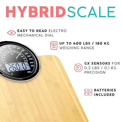 Miniatura 2 de Adamson Báscula de pesaje analógica y digital híbrida 2 en 1 para peso corporal de hasta 400 libras, vidrio templado grueso, pantalla extragrande,