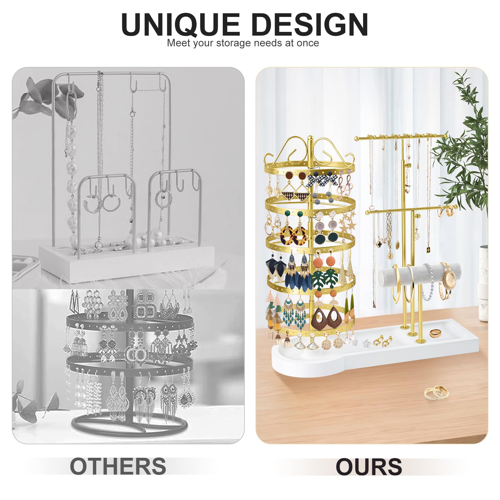 Schmuck-Organizer-Ständer, drehbarer Ohrring-Halter, Organizer, multifunktional, verstellbar, Halskettenhalter, Armband, Uhrenhalter für Schmuck, Ohrringe, Ringe (Gold)