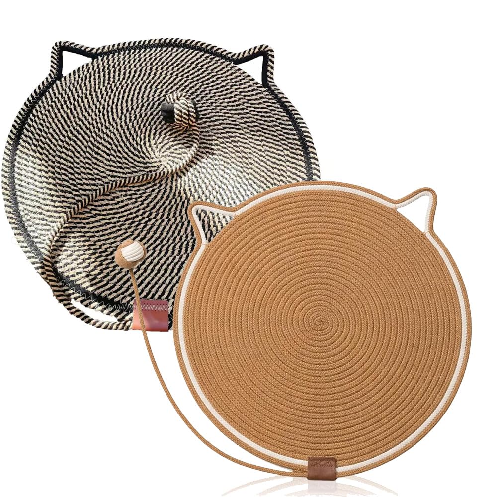 2pcs Cotton Rope Cat Scratch Pad, Round Horizontal Floor Cats Scratching Pads for Indoor Use, Large Cotton Rope Cat Scratching Board for Furniture Protection for Floor, Sofa (Black, Brown)
