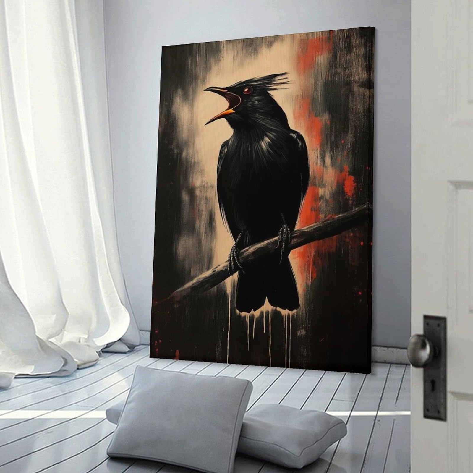 Junmoney Canvas Art Print Black Raven with Red Eyes, 24x36inch(60x90cm), for Office, Study Or Home Workspace, Home Office Artwork with Decorative Appeal