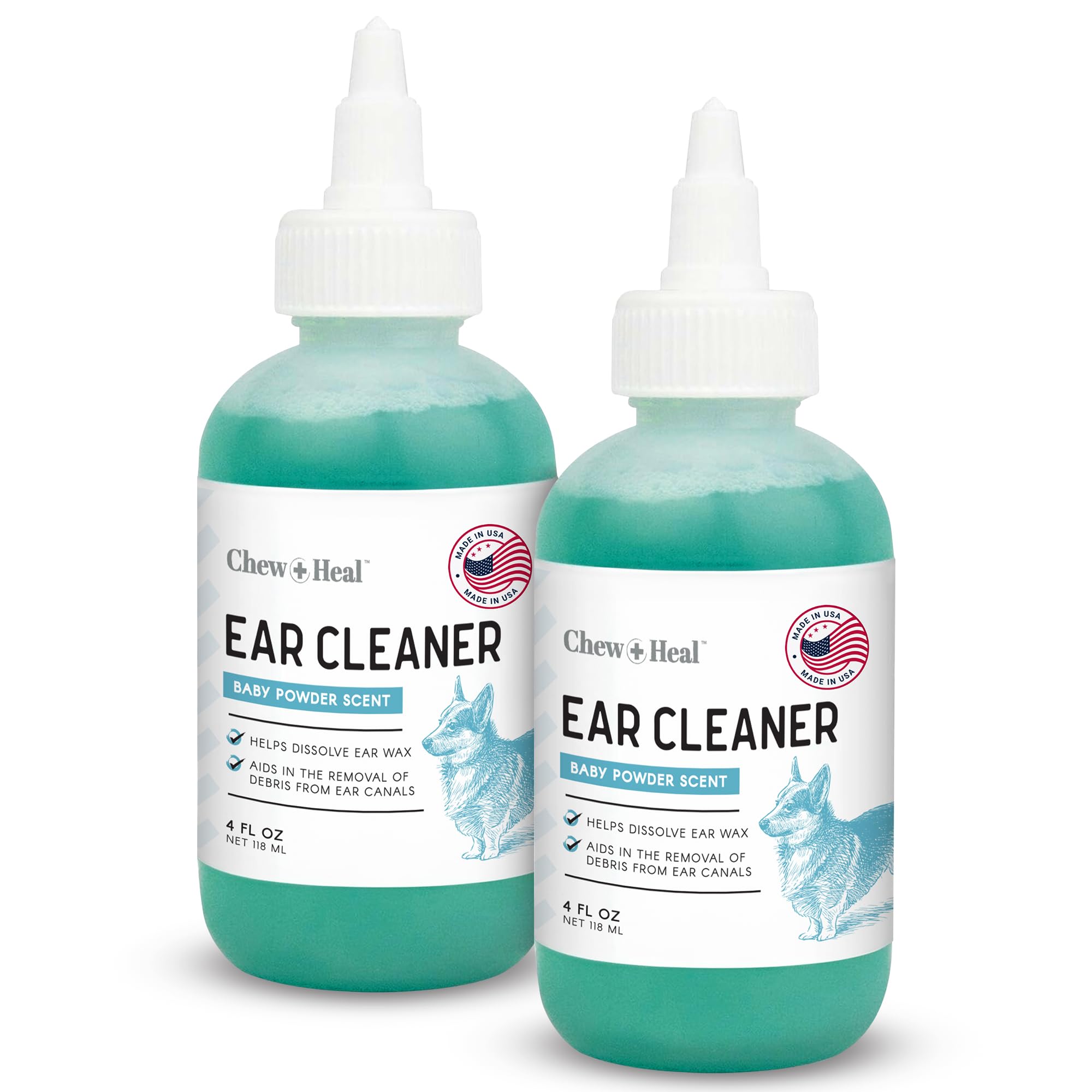 Chew + Heal Dog Ear Cleaner Solution - 4 oz Droppers (2 Pack) - Pet Ear Wash Drops for Preventing Infection and Removing Debris - Soothing Aloe, Witch Hazel, and Tea Tree Oil