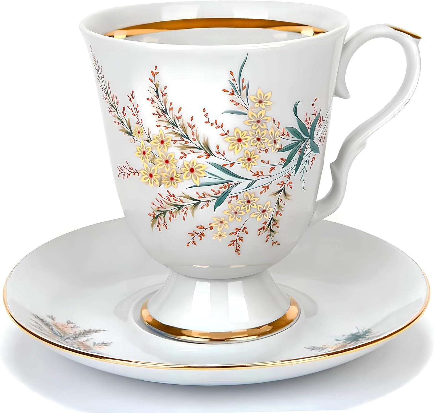 STP GOODS Porcelain Mug and Saucer Set 20.3 fl oz (600 ml) 24k Gold Porcelain Cup, Floral Tea Cup with Matching Saucer for One, Tea Coffee Set for 1 (Nina)