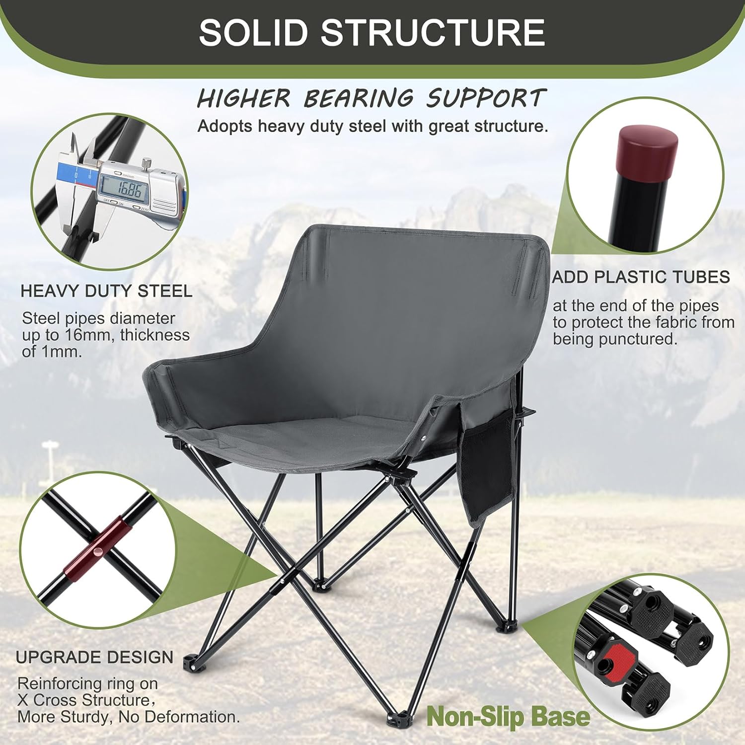 Joyfair Outdoor Camping Chair for Adult, Large Portable Folding Moon Chairs with Carry Bag for Patio Beach, Fishing, Lawn and More Outdoor Sports, 600D Oxford Fabric & Heavy Duty Steel (2, Grey)