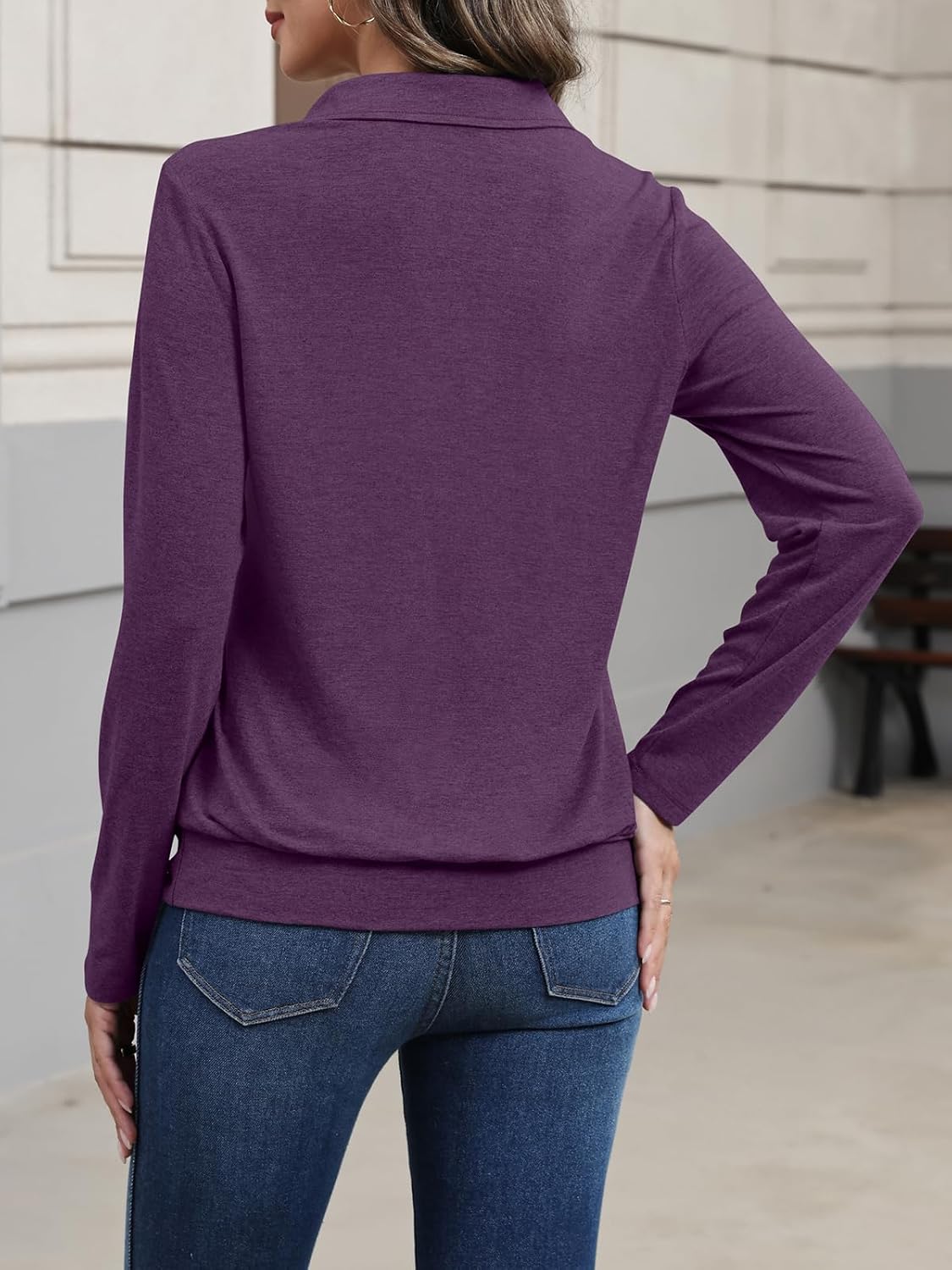 TICTICMISS Womens Polo Shirts Long Sleeve Banded Bottom V Neck Dressy Tops