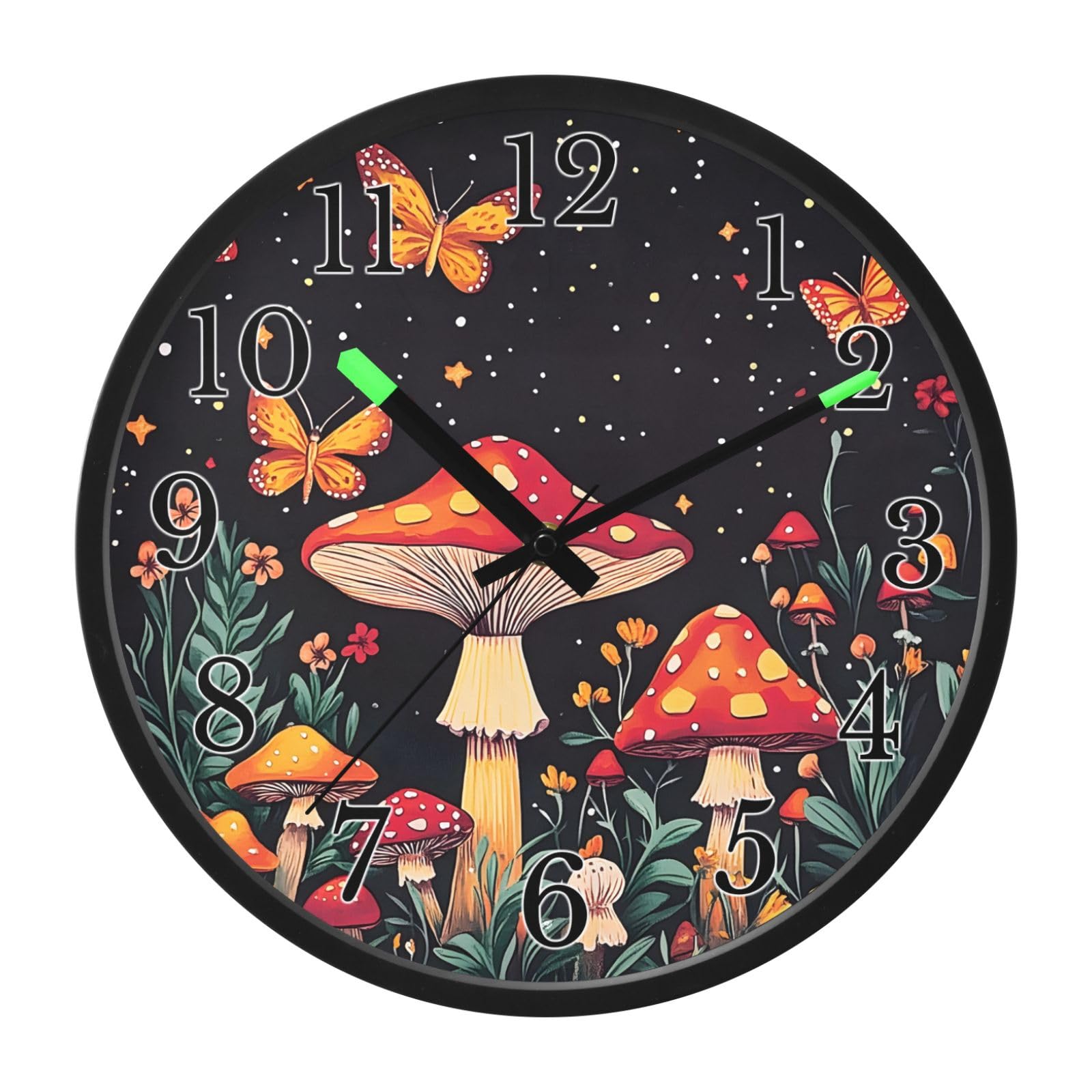 Mnsruu Reloj de pared luminoso con diseño de seta, mariposa, luna, reloj de pared que brilla en la oscuridad, funciona con pilas, 12 pulgadas, silencioso, sin tictac, luz nocturna para dormitorio