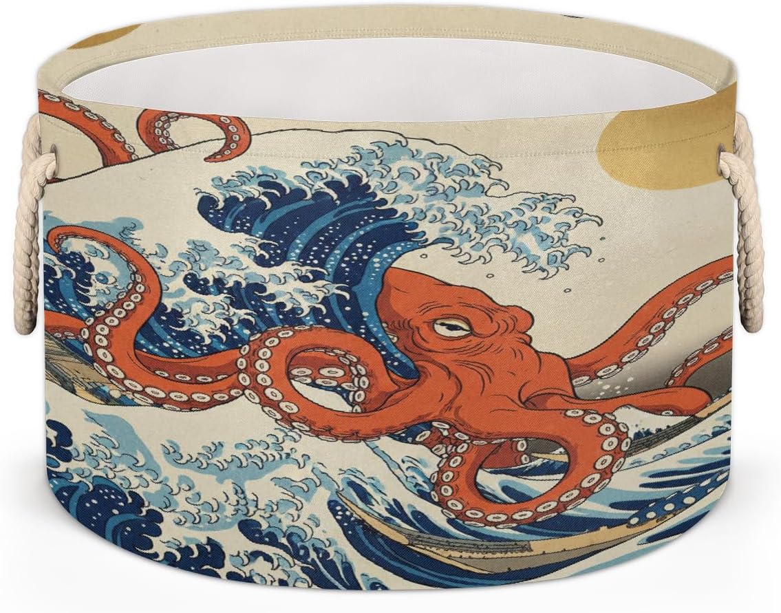 Large Storage Baskets - Wave Octopus Japanese Nursery Round Collapsible Organizer Bin Box, Laundry Hamper for Kids Toys, Blanket, Bedroom Living Room Home Decor, Gift Basket, 19.4"x13.3"